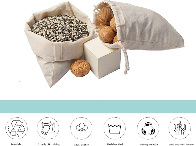 Cotton Muslin Bags, 100% Organic Cotton with Double Drawstring. Premium Quality Reusable Eco-Friendly Natural Muslin Bags. (10, 5 x 8 Inches)