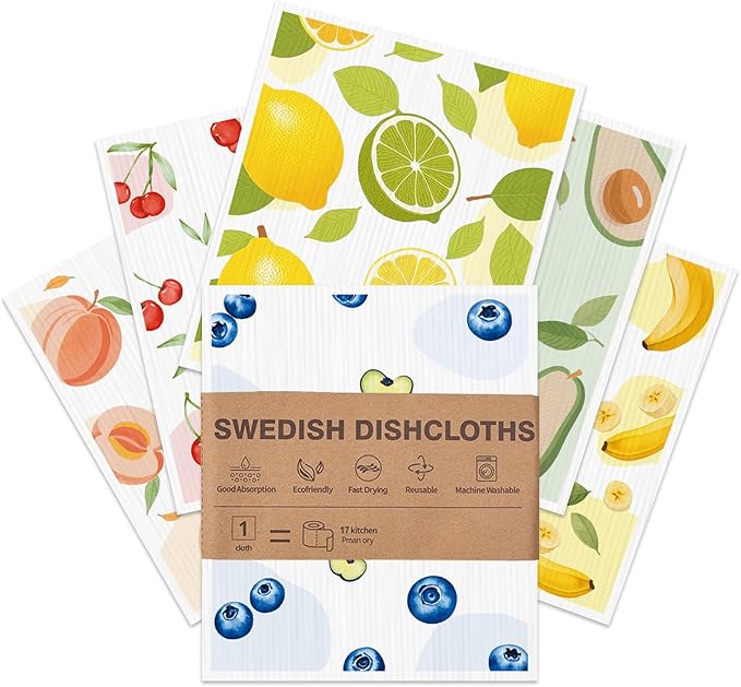 Swedish Dishcloths for Kitchen, 6 Pack, Reusable Paper Towels Washable,Super Absorbent, Fast Dry Cleaning Cloths,Non-Scratch, No Odor, Biodegradable Cleaning Cloths.