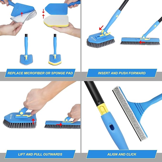 Extendable Cleaning Brush 51" with Stiff Bristles, Scouring Pad, Microfiber Pad, V-Shape Scrub Brush & Squeegee for Bathroom, Shower & Tile Cleaning