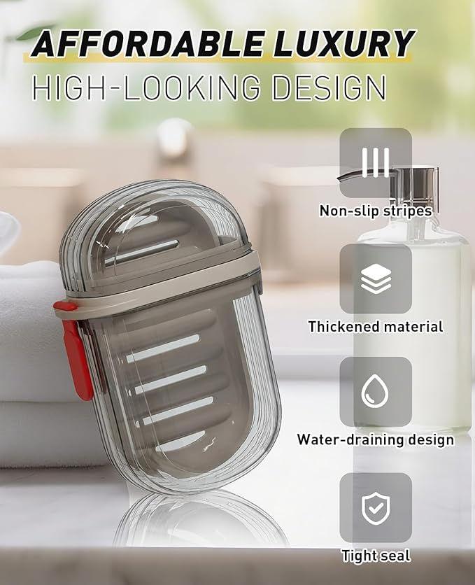 2PCS Soap Sish Travel Case with Lid, Waterproof Leakproof Soap Saver Container with Draining Layer, Bar Soap Travel Case