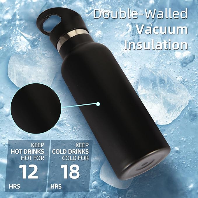 Volhoply 17oz Kids Insulated Water Bottle,Stainless Steel Water Bottles with Straw Lid,Double Wall Vacuum Metal Cups Water Bottle,Reusable Sports Water Flask Keep Hot & Cold for School (Black,1 Set)