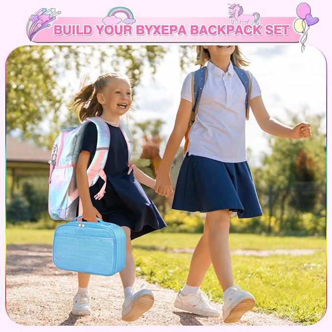Lunch Box Kids, 11" L x 7" W x 3.5" H, Waterproof Reusable Insulated Lunch Bag for Girls, Cooler Bento Boxes Containers & Snacks for Elementary School Travel