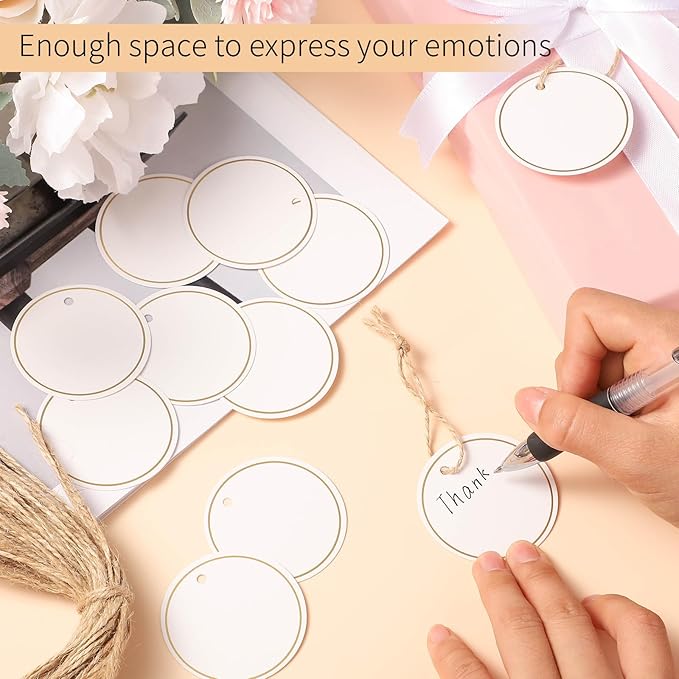 120 PCS White Gift Tags, 2'' Round Gift Tags with String Marking Hang Tag Writable Blank Tag for Presents Labeling DIY Craft Project Valentine's Day Wedding Baby Shower Favors