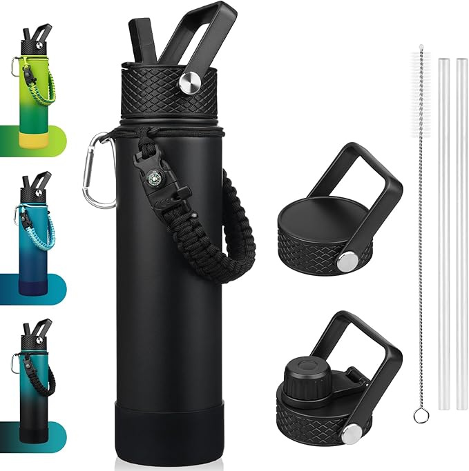 BJPKPK 27oz Insulated Water Bottles with 3 Lids, Paracord Handle & Non-slip Boot, Stainless Steel Metal Water Bottle with Straw, BPA Free Leak Proof Thermal Flasks, Tumblers,Black