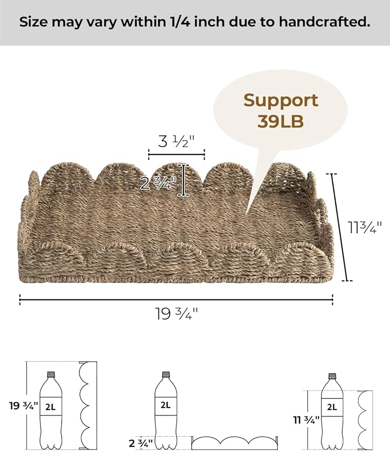 StorageWorks Large Wicker Scalloped Edge Serving Tray, Rectangle Tray with Built-in Handles, Hand-Woven Scalloped Rattan Tray, Wicker Trays for Décor, Natural Seagrass