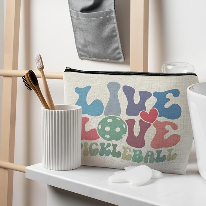 Pickleball Makeup Bag, Pickleball Gifts for Women, Gifts for Pickleball Lovers, Pickleball Stuff, Pickleball Accessories for Women, Groovy Live Love Pickleball Cosmetic Bag Toiletry Bag
