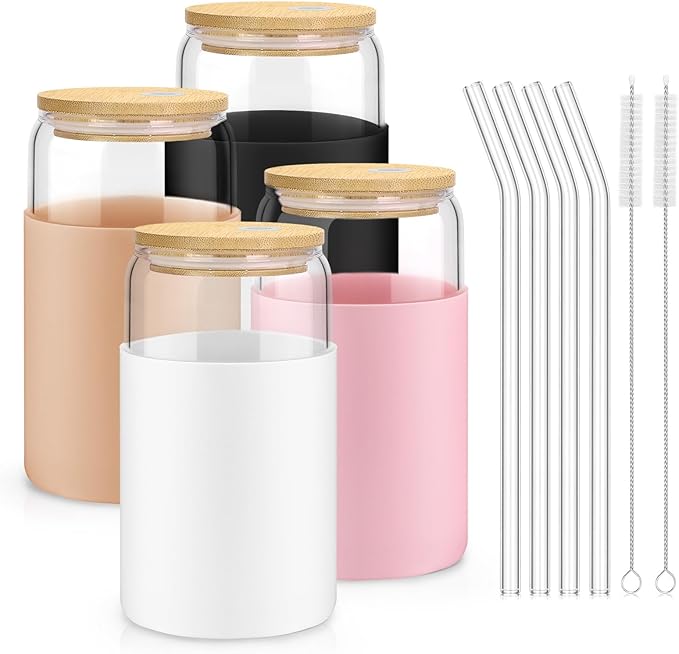 sungwoo Glass Cups with Lids and Straws, 4 Pack 16OZ Iced Coffee Cups with Silicone Sleeve, Glass Tumbler with Straw and Bamboo Lid, Home Essential Drinking Set for Juice, Cocktail and Latte 4 Colours