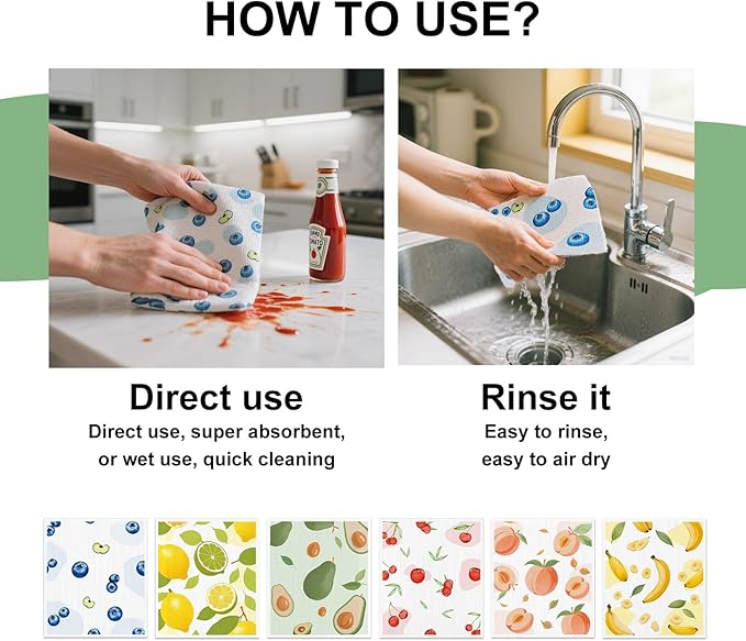 Swedish Dishcloths for Kitchen, 6 Pack, Reusable Paper Towels Washable,Super Absorbent, Fast Dry Cleaning Cloths,Non-Scratch, No Odor, Biodegradable Cleaning Cloths.