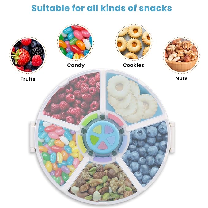 Snack Rotator Container Reusable Snack Box with 5 Compartment Dispenser and Lid, Color Matching Opening Lid, BPA and PVC Free, for Home, School, Travel (1 Pack- Blue)