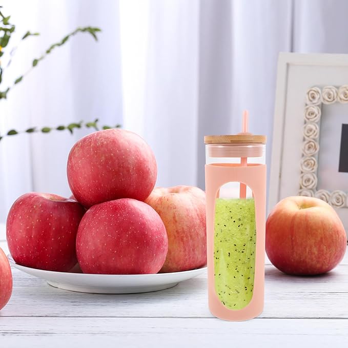 Ciieeo Glass Drinking Cup with Lid and Straw Reusable Glass Tumbler with Silicone Sleeve Coffee and Iced Tea Beverage Water Cup for Home and Travel