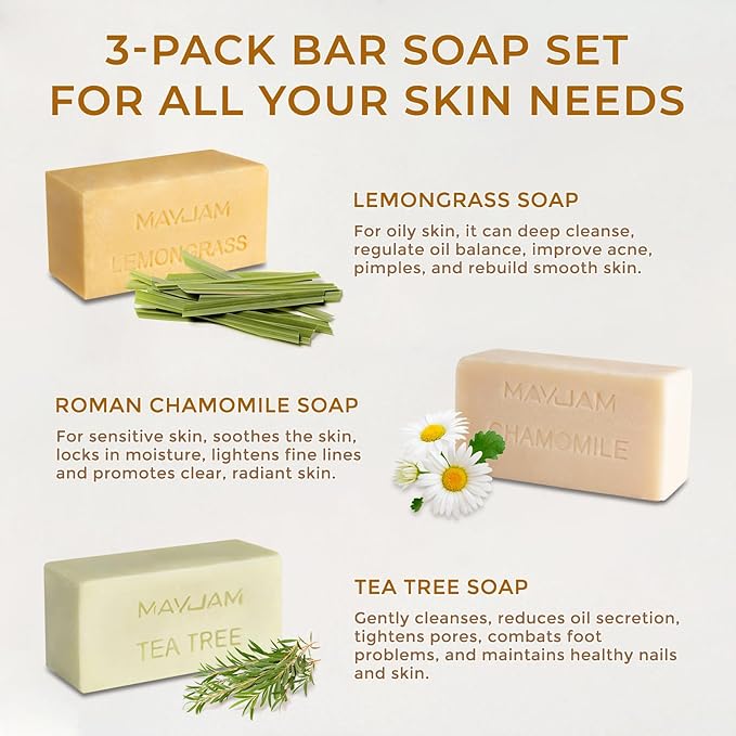 MAYJAM Natural Botanical Bar Soap With Essential Oil, Vitamin E, Pure Plant Oil Bath Body Soap- Lemongrass,Tea Tree, Roman Chamomile Rich Creamy for Men, Women All Skin Type