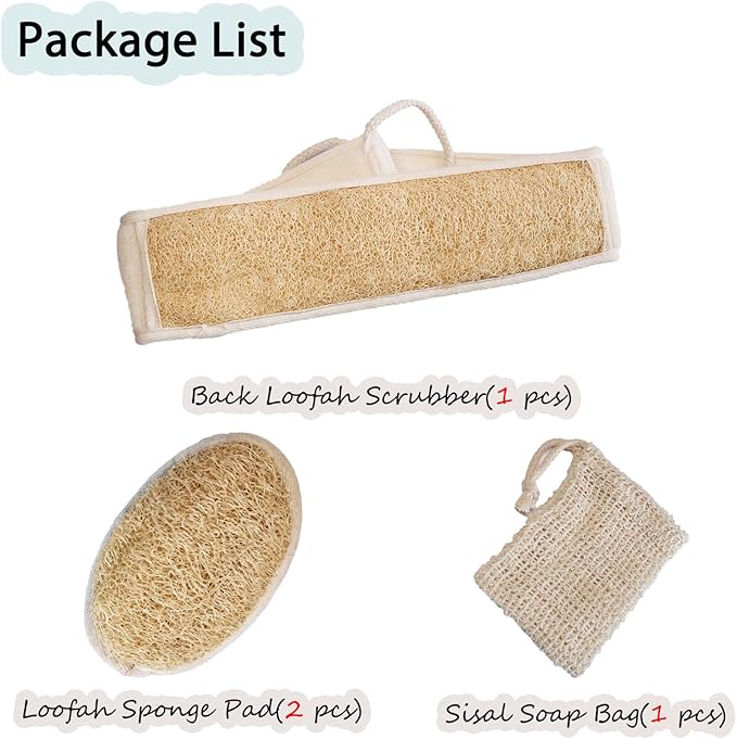 Natural Loofah Back Scrubber for Shower for Men and Women, Exfoliating Loofah Sponge with Soap Saver, 4-pcs