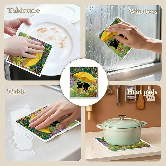 Mixed Floral Cat Swedish Kitchen Dishcloths Dish Towels 6 Pack, Cats Dish Towels for Kitchen, Swedish Dishcloth with Cats, Paper Towels Reusable, Dish Cloth Towel Cleaning Wipe for Home Party