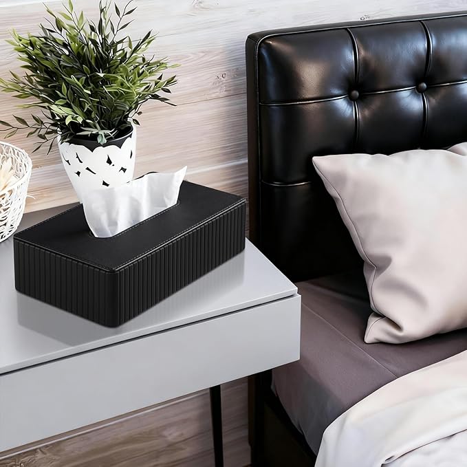PU Leather Short Tissue Box Cover Rectangle, Small Tissue Box Holder with Magnetic Closure, Decorative Rectangular Tissue Holder for Bathroom Car Office (Black)