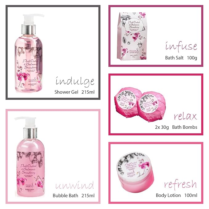 Aromatherapy Essentials Spa Set for Women in Large Silver Tub. Bath Set Includes 2 Bath Bombs, Body Lotion, etc (Pink Orchid and Balsamic Strawberry)