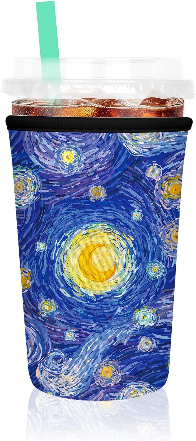Iced Coffee Sleeve, Reusable Insulated Neoprene Cup Sleeve for Cold & Hot Drinks Beverages, Cup Holder for 22-24oz Coffee Cups, Starry Night