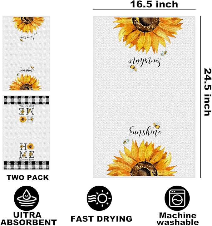 2Pcs Sunflower Kitchen Towels 24x14 Inch, Sunshine Bee Decor Hand Towels for Kitchen Farmhouse Decor, Durable Absorbent Dish Cloth Tea Towel, Sunflower Gifts for Women Mom Grandma, Bless Our Home