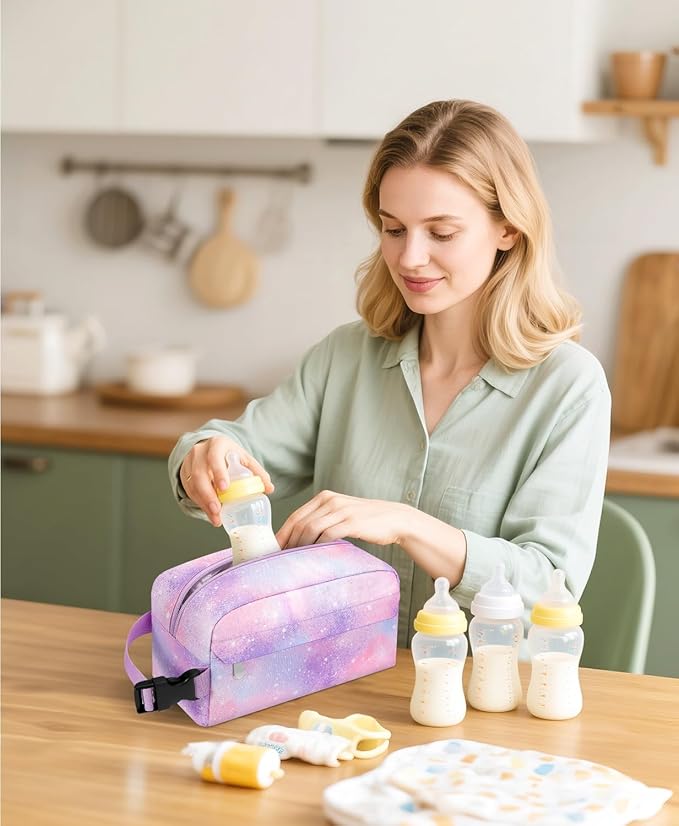 Small Insulated Snack Bag Lunch Box,Collapsible Reusable Small Lunch Bag with Snap Buckle Handle for Beach Travel Picnic,Pink Starry Sky 5-Can(3L)
