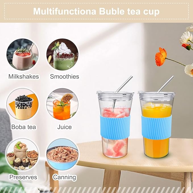 2 Pack 16 oz Iced Coffee Cups with Lids & Straw, Reusable Glass Tumbler with Silicone Sleeve, Wide Mouth Can-Shaped Design for Juice, Smoothie, Water (Blue)