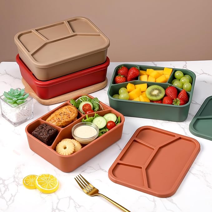 Honeydak 4 Pcs Silicone Bento Box Reusable Lunch Container 4 Compartment Snack Boxes with Lid Smooth LeakProof Rectangle Food Boxes for Adult Work Travel Food Storage (Simple Color)