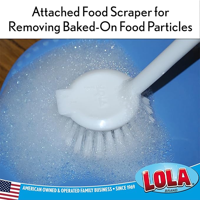 LOLA Dish Brush w/Scraper, 6 Pack, Durable Fiber Non-Scratch Bristles, Ergonomic Non-Slip Grip Handle, for Baked-on & Caked-on Messes