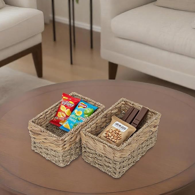 Handmade Water Hyacinth Storage Basket, Woven Basket Organizer with Inner Handles for Home & Office Decor (Small-2PCS)