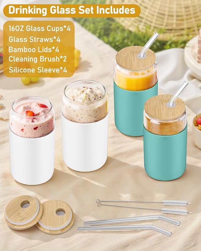 sungwoo Glass Cups with Lids and Straws, 4 Pack 16OZ Iced Coffee Cups with Silicone Sleeve, Glass Tumbler with Straw and Bamboo Lid, Home Essential Drinking Set for Juice, Cocktail and Tea White&Green