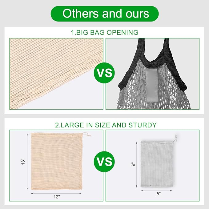 Reusable Bags Produce Bags Reusable Washable - Vegetable Bags, Grocery Bags, Cotton Mesh Bags for Farmers Market, Beach, and Refrigerator Storage Vegetables (12)