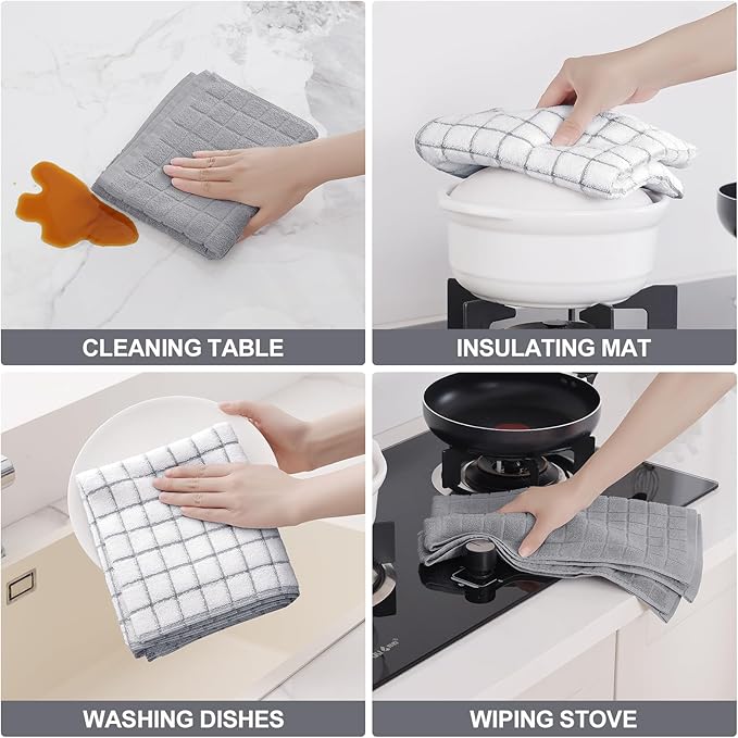 Homaxy Premium Cotton kitchen towels 16"x 28", Large Natural Ring Spun 390 GSM Dish Towels, Super Absorbent Terry Kitchen Hand Towels, Soft Tea Towel with Hanging Loop, Light Grey Check Design, 6 Pack