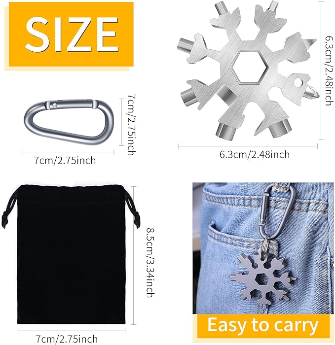 FZENeast 18-in-1 Snowflake Multitool, 3 Piece Stainless Steel Wrench With Key Ring, Carabiner Clip and Gift Bag (Silver)