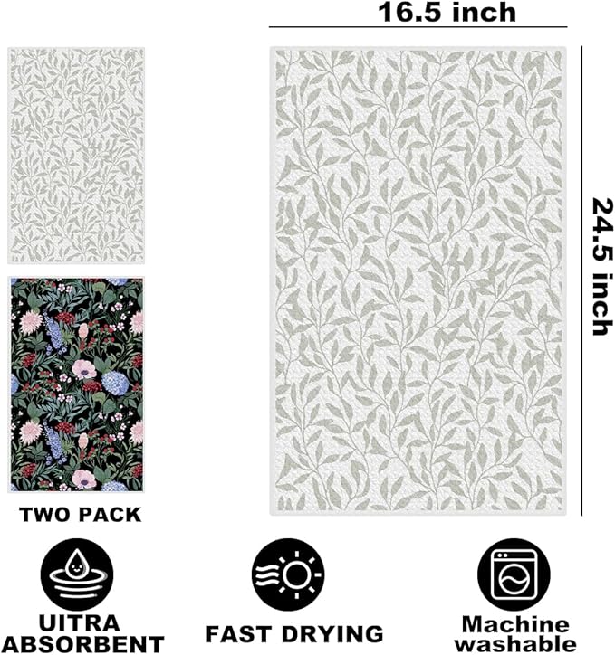 Jztco 2Pcs Vintage Watercolor Floral Kitchen Towels 24x14 Inch, Leaves Seamless Pattern Hand Towels for Kitchen Bathroom Decor, Absorbent Microfiber Dish Cloth Tea Towel, Housewarming Gifts for Women