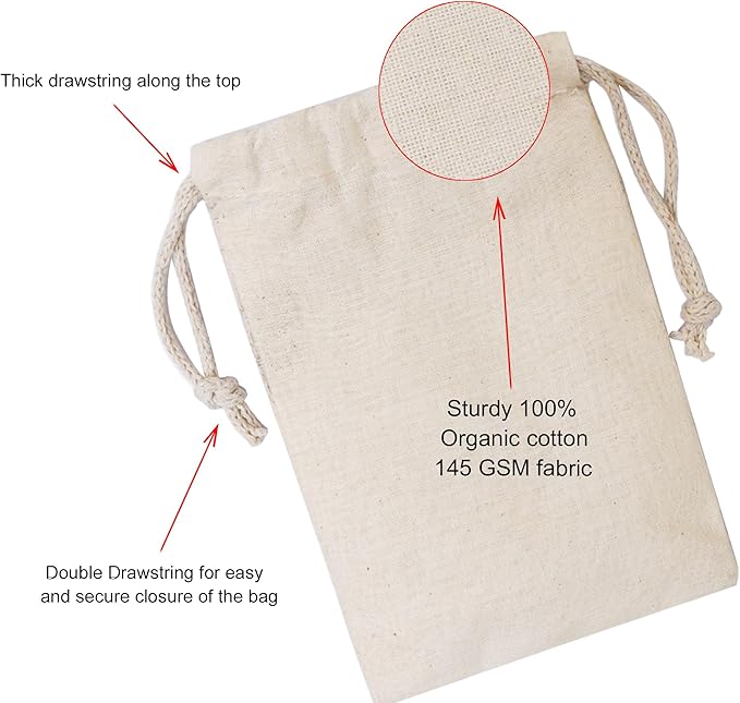 Cotton Muslin Bags, 100% Organic Cotton with Double Drawstring. Premium Quality Reusable Eco-Friendly Natural Muslin Bags. (25, 8x10 Inches)