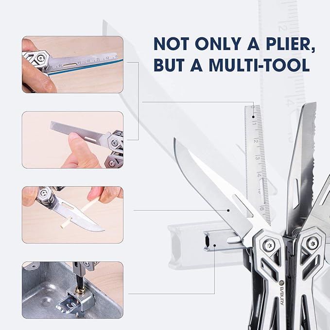 BIBURY Multitool with Pocket Knife, 21-in-1 Stainless Steel Pliers with Screwdriver, Safety Locking Multi tools with EDC Knife for Survival, Camping, Fishing, Repair, Birthday Gifts for Men Women