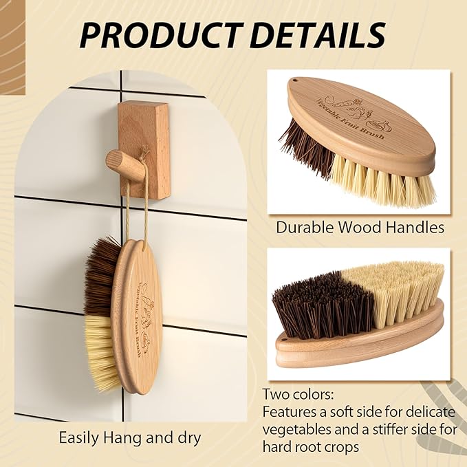 2 Pcs Wooden Potato Scrubber Brushes with Handle Vegetable Brushes for Fruit Food Potato Carrot Cucumber Veggie Produce Pans Pots Cleaning