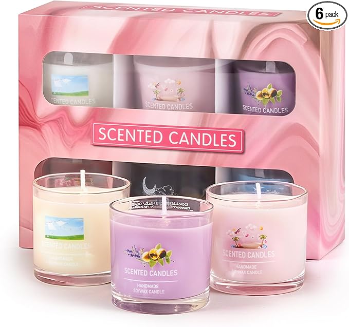 Scented Soy Candle Gift Set, 100% Natural Soy Wax, Eco-Friendly, Hand-Poured, Relaxing Scented Candles for Home, Spa, Gifts(Pink + Purple + White + Orange + Blue + Black, 14 oz)