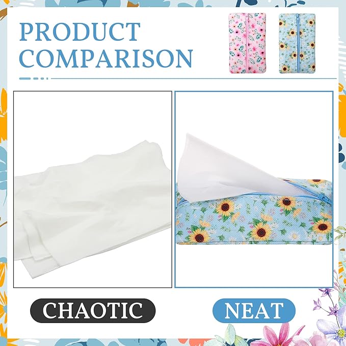 Kigeli 2 Pieces Purse Tissue Holder Travel Tissue Pouch for Purse Fabric Zipper Enclosed Pouches Reusable Flower Pattern Paper Holder for Coins, 5.25 x 3 Inches(Floral Flower Print)