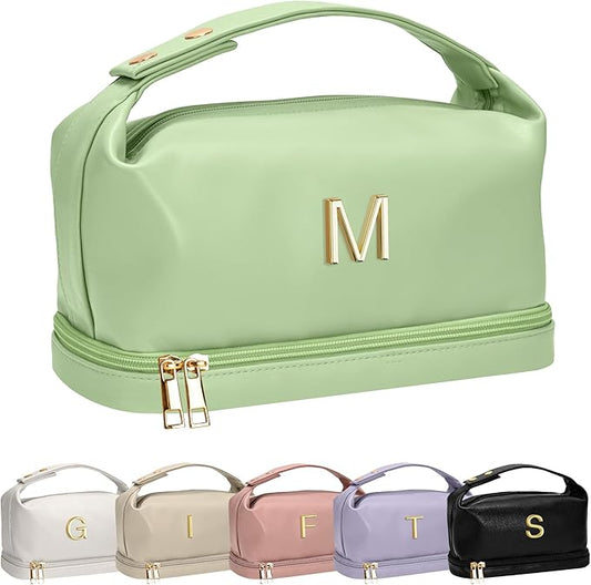 College Gifts for Women, Personalized Makeup Bag with Handle, Initial Double Layer Cosmetic Bag with Makeup Brush Organizer, Cute Cosmetic Pouch for Women, Gifts for Friends Female Mom