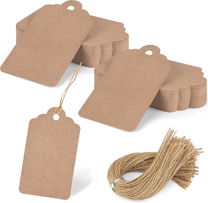 SallyFashion 120PCS Gift Tags with String Attached, 1.6 x 2.8 inch Kraft Paper Hang Tags for Clothes DIY Crafts Wedding Holiday (Brown)