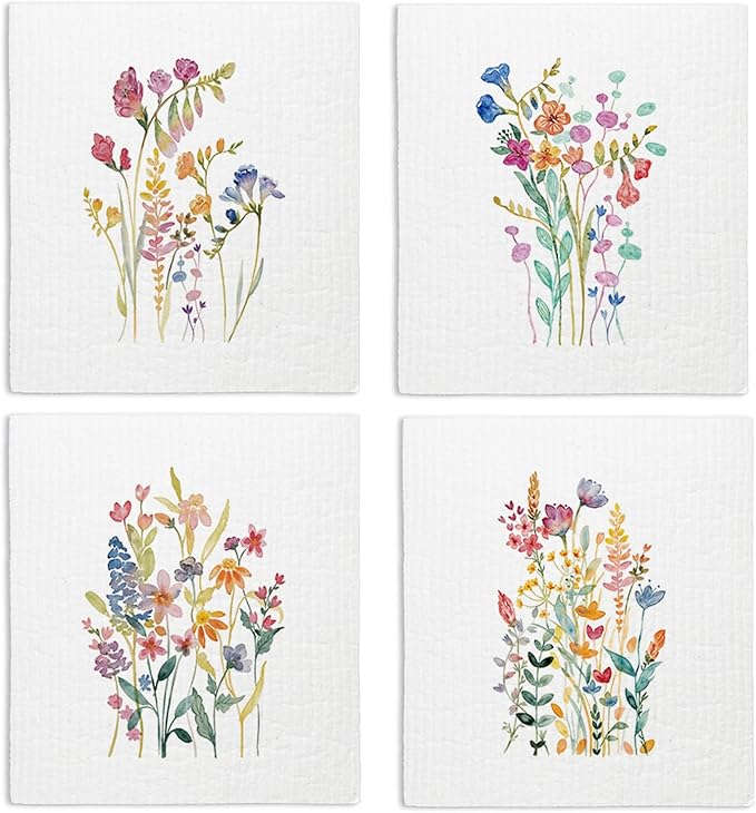 Swedish Dishcloths for Kitchen, Summer Floral Dish Rags Flower Kitchen Dish Towels for Washing Dishes, 4 Pack Reusable Paper Towels, Sponge Cloths for Home Cleaning Cooking Baking