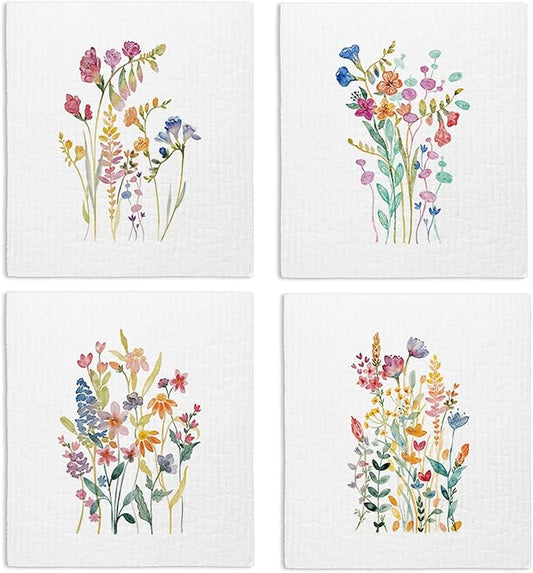 Swedish Dishcloths for Kitchen, Summer Floral Dish Rags Flower Kitchen Dish Towels for Washing Dishes, 4 Pack Reusable Paper Towels, Sponge Cloths for Home Cleaning Cooking Baking