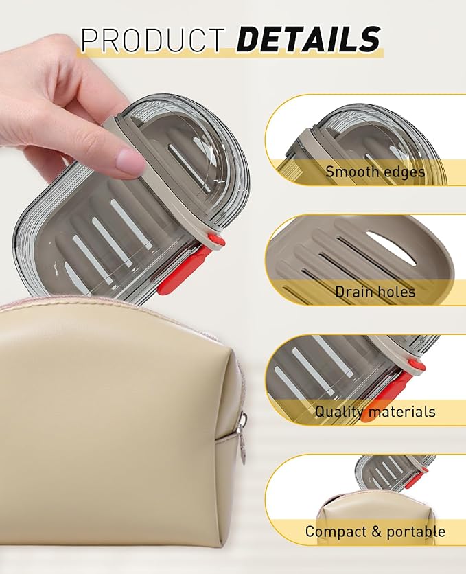 2PCS Soap Sish Travel Case with Lid, Waterproof Leakproof Soap Saver Container with Draining Layer, Bar Soap Travel Case