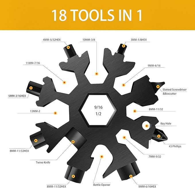 Snowflake Multitool, 5 Pieces 18-in-1 Stainless Steel Snowflake Standard Multitool, Snowflake Tool with Key Ring, Carabiner Clip and Gift Bag (Black)