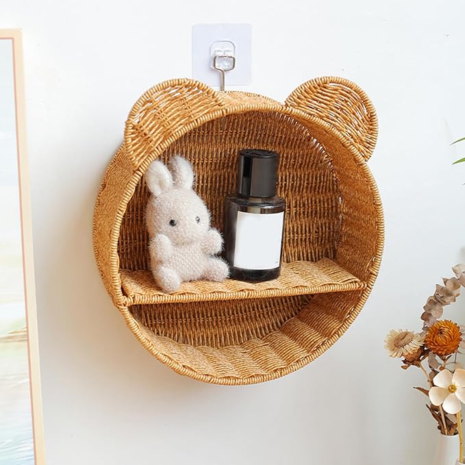Natural Woven Bear Ear Wall Shelf Handmade Storage Basket for Small Plants and Books Decorative Floating Organizer with Unique Animal Design