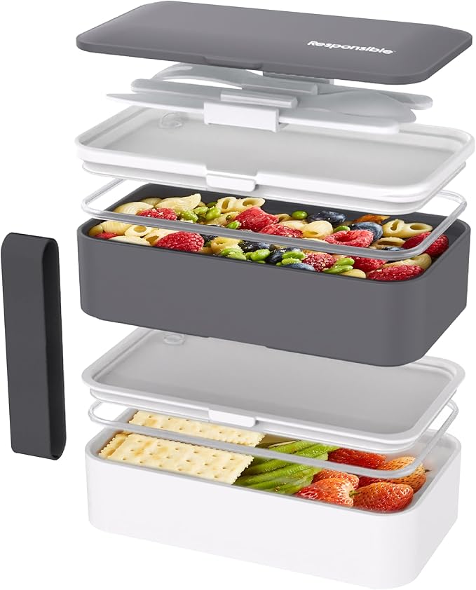 Responsible Products Leak Resistant Bento Box with Tableware for Adult - Teens, Insulated Lunch Box for Women - Men - Girls - Boys, BPA Free, Dishwasher Safe, Microwave Safe, Freezer Safe, 46 oz