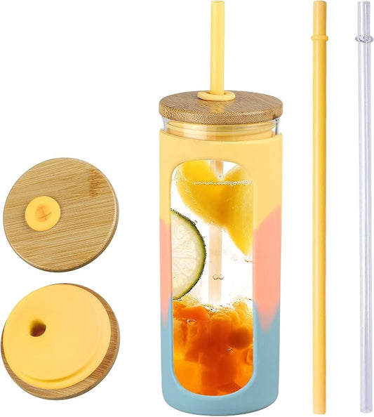 Kodrine 20oz Glass Tumbler with Straw and Lid, Iced Coffee Cups with Bamboo Lids, Glass Cups for Cold Drinks, Smoothie Cup with Silicone Sleeve for Travel, Work, BPA FREE-Blue Yellow