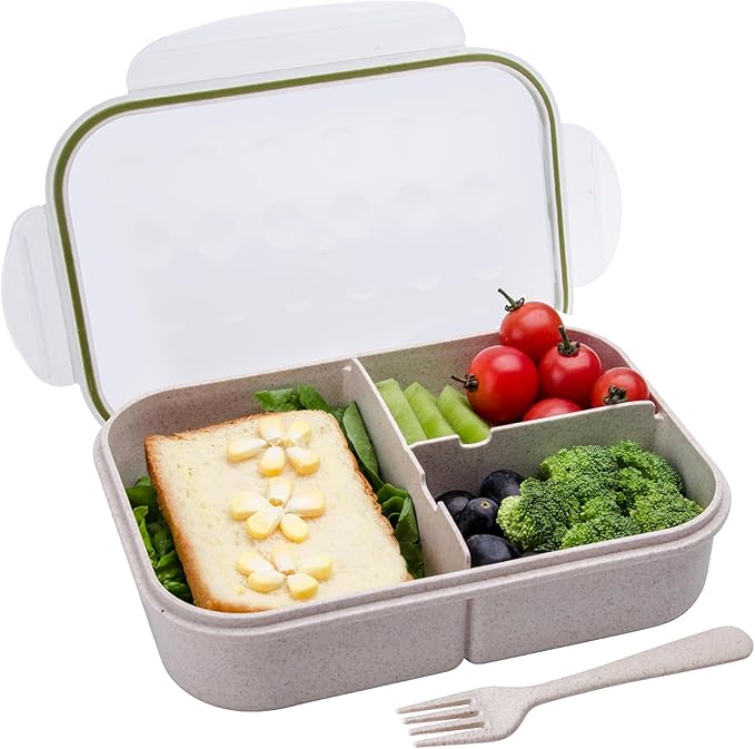 Wheat Straw Lunch Box - Leakproof Bento Box for Kids & Adults, BPA-Free 3-Compartment Food Containers, Microwave & Dishwasher Safe (Warm White, 5.5 Cup)