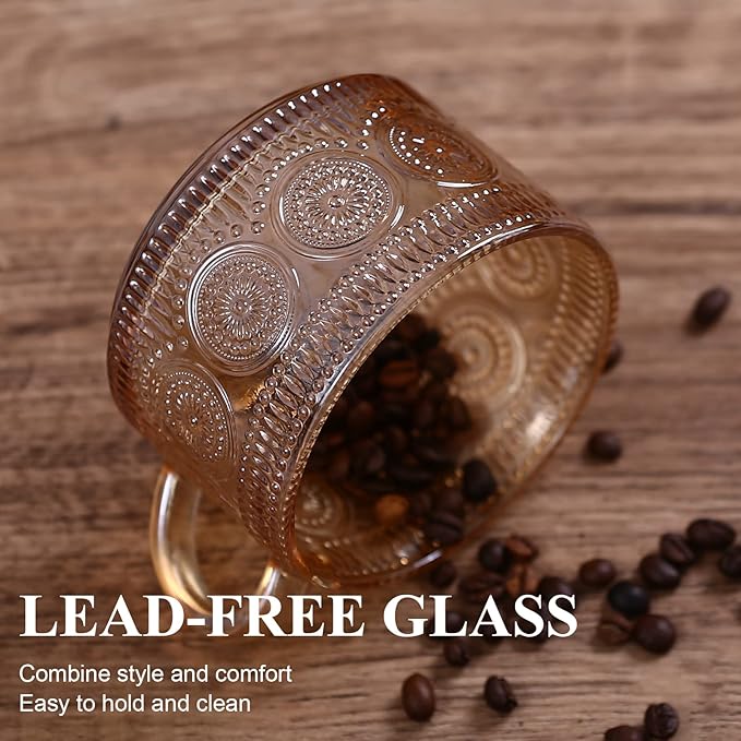 Amber Vintage Glass Coffee Mugs gifts for women, 14 Oz Set of 4 Embossed Glassware Tea Cups for Breakfast, Cappuccino, Latte, Yogurt, Christmas Mothers Day Gifts Coffee Bar Accessories