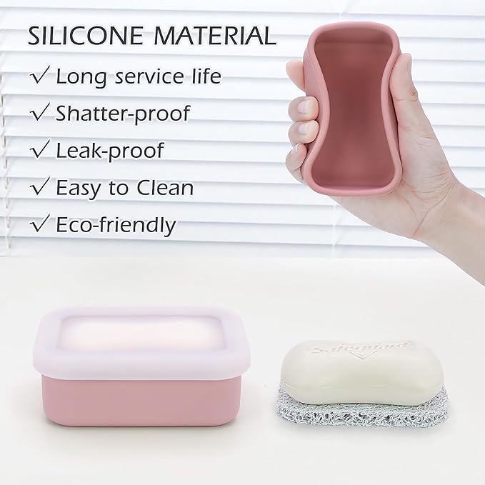 Silicone Bar Soap Travel Case,Compact Leak Proof Soap Dish with A See-Through Lid,Portable Soap Bar Holder for Traveling,Camping,Gym,Outdoor(Clear&Pink)