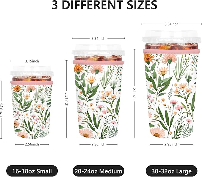 3 Pack Iced Coffee Sleeve, Reusable Insulated Neoprene Cup Sleeve for Cold & Hot Drinks Beverages, Cup Holder for 16-32oz Coffee Cups,Colorful Small Flowers