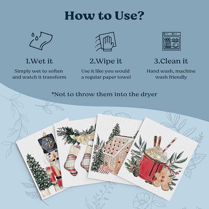 Swedish Dishcloths for Kitchen, Christmas Xmas Nutcracker Winter Kitchen Dish Towels for Washing Dishes, 4 Pack Reusable Paper Towels, Sponge Cloths for Holiday Baking Cooking Home Cleaning
